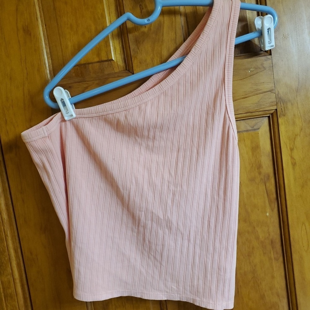 American Eagle XL One Shoulder Top Womens Pink Ribbed Knit Crop Tank Summer Boho